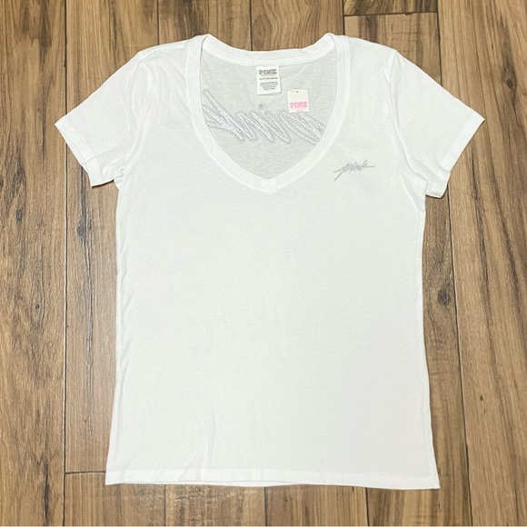 PINK VS SILVER BLING SIGNATURE LOGO V-NECK TEE AND JOGGERS OUTFIT - Picture 4 of 5